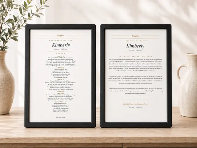 Two framed prints of a SongVow birthday song, the lyric card and the story behind the song