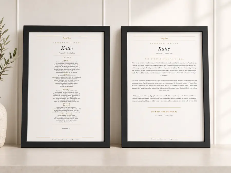 Two framed prints of a SongVow proposal song, the lyric card and the story behind the song