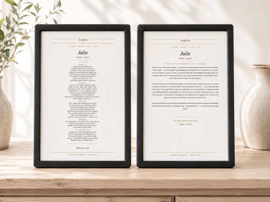 Two framed prints of a SongVow wedding song, the lyric card and the story behind the song