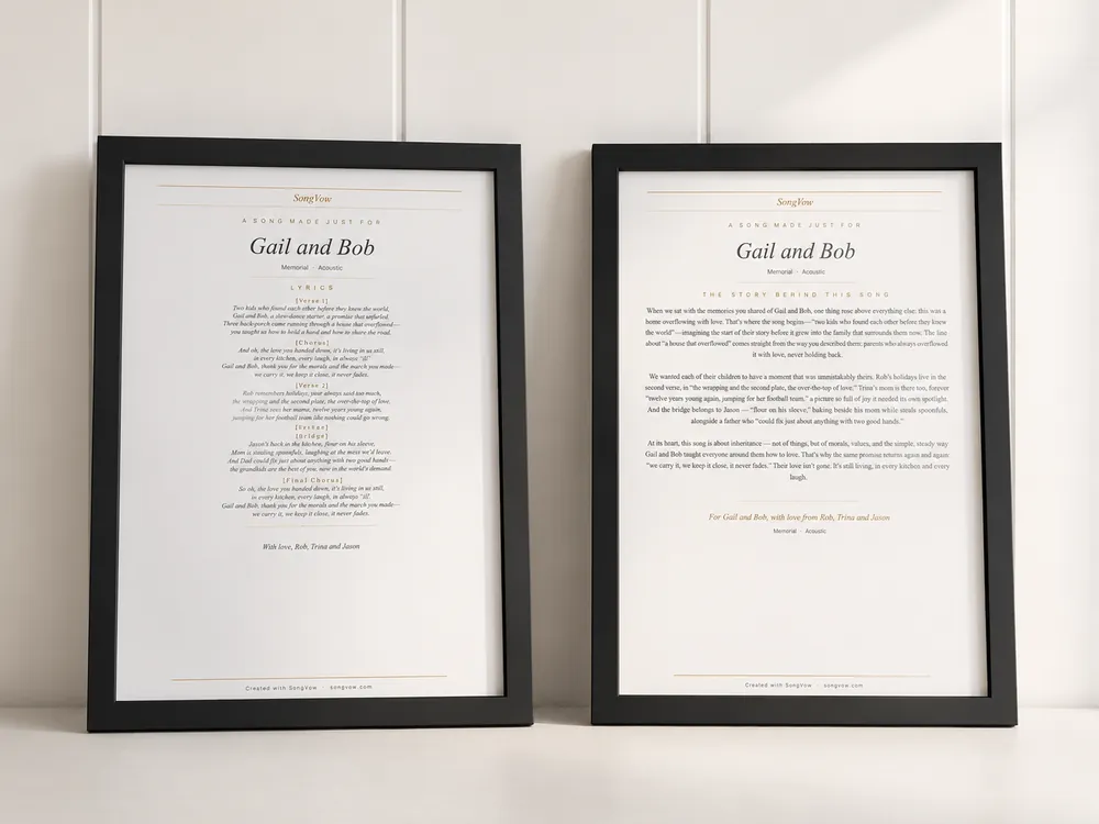 Two framed prints of a SongVow memorial song, the lyric card and the story behind the song